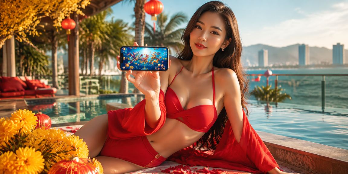Cảnh bờ biển Đà Nẵng với trò chơi Ban Cá được hiển thị trên màn hình