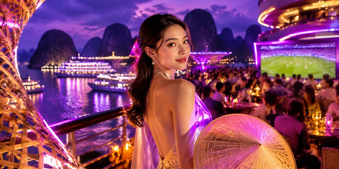 Cảnh Hạ Long nhìn từ xa với người chơi xổ số trên điện thoại buổi chiều