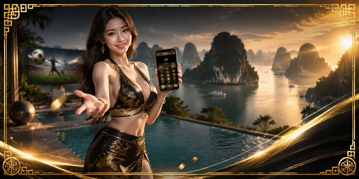 Người dùng trải nghiệm ứng dụng casino trực tuyến giữa khung cảnh Vịnh Hạ Long tuyệt đẹp