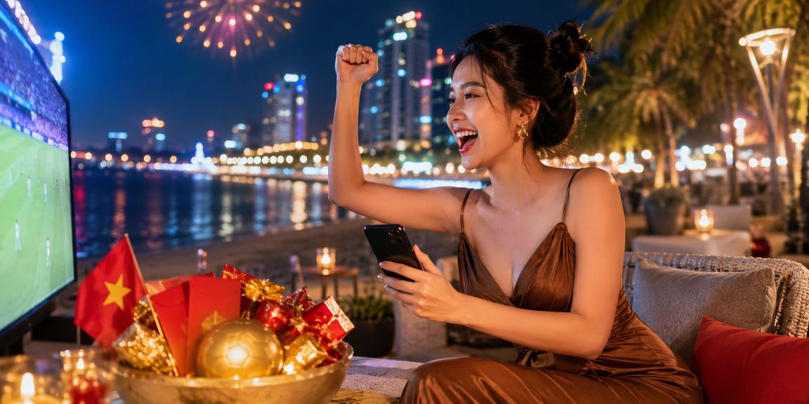 Người dùng Nha Trang ngồi uống cà phê và xem thông tin đăng ký bonus trên điện thoại